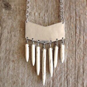 White Spike Silvertone Chevron Necklace Handmade Boho Chic